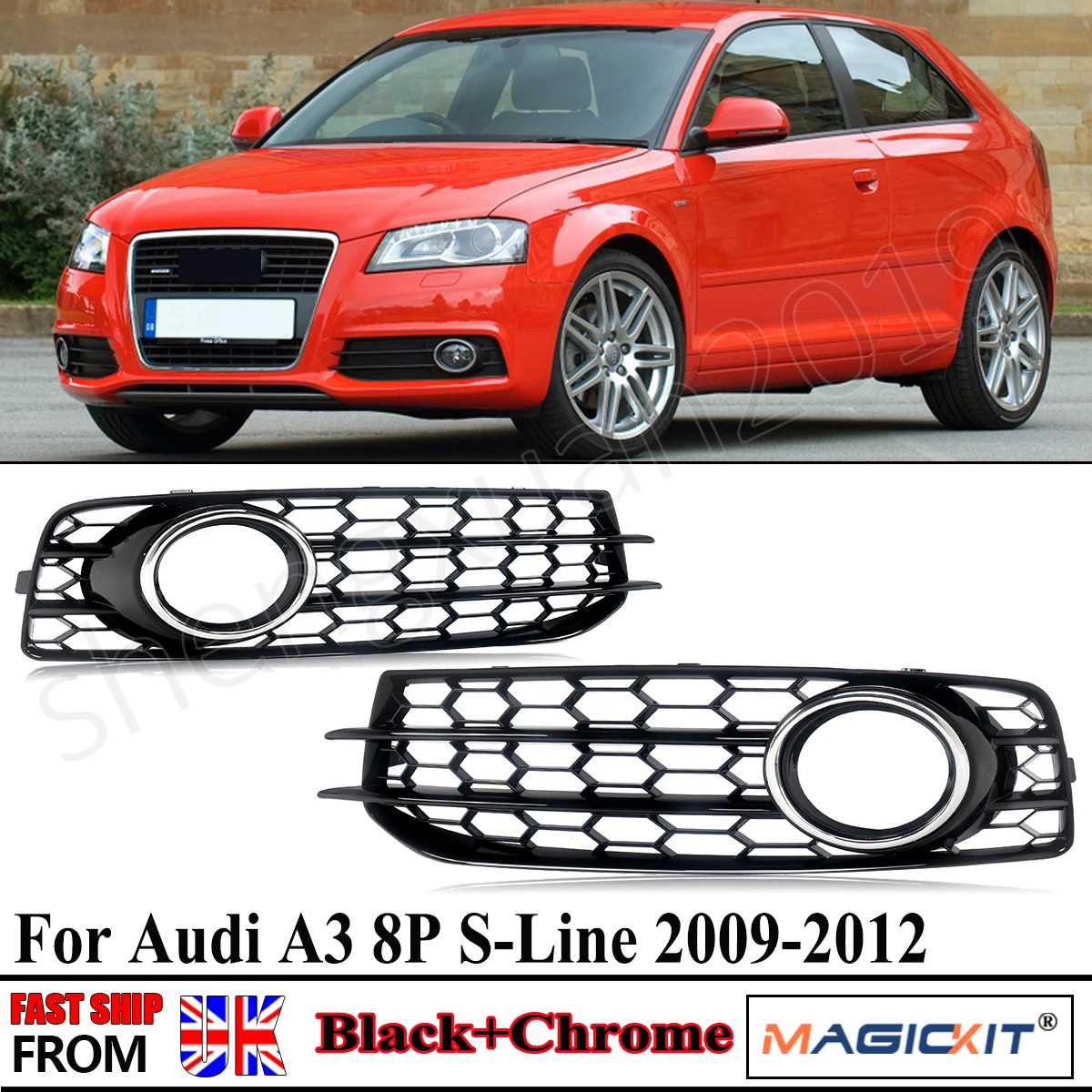 MAGICKIT 1 Pair Fog Light Grille Black W/ Chrome Ring Honeycomb Fit For Audi A3 8P S Line 2009-2012 Car Accessories tools