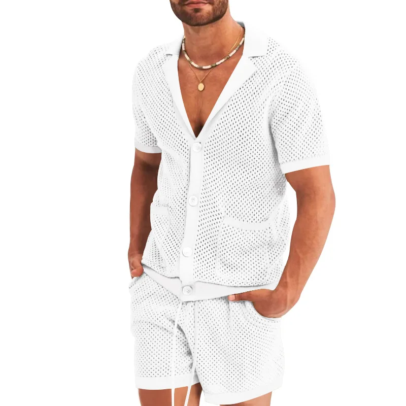 European American Men Set Knitted Short Sleeved Vest Shorts Casual Sports Fashion Casual Breathable Mesh Fabric Men\'s Clothing