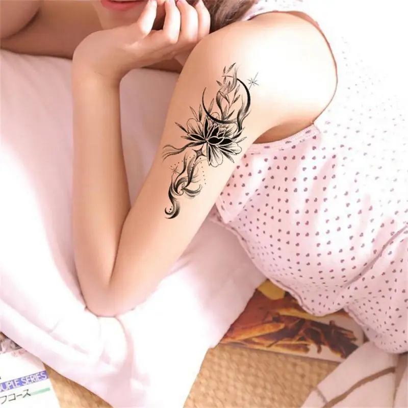 Black Flower Body Art Chest Shoulder Temporary Tattoos Stickers for Men and Women