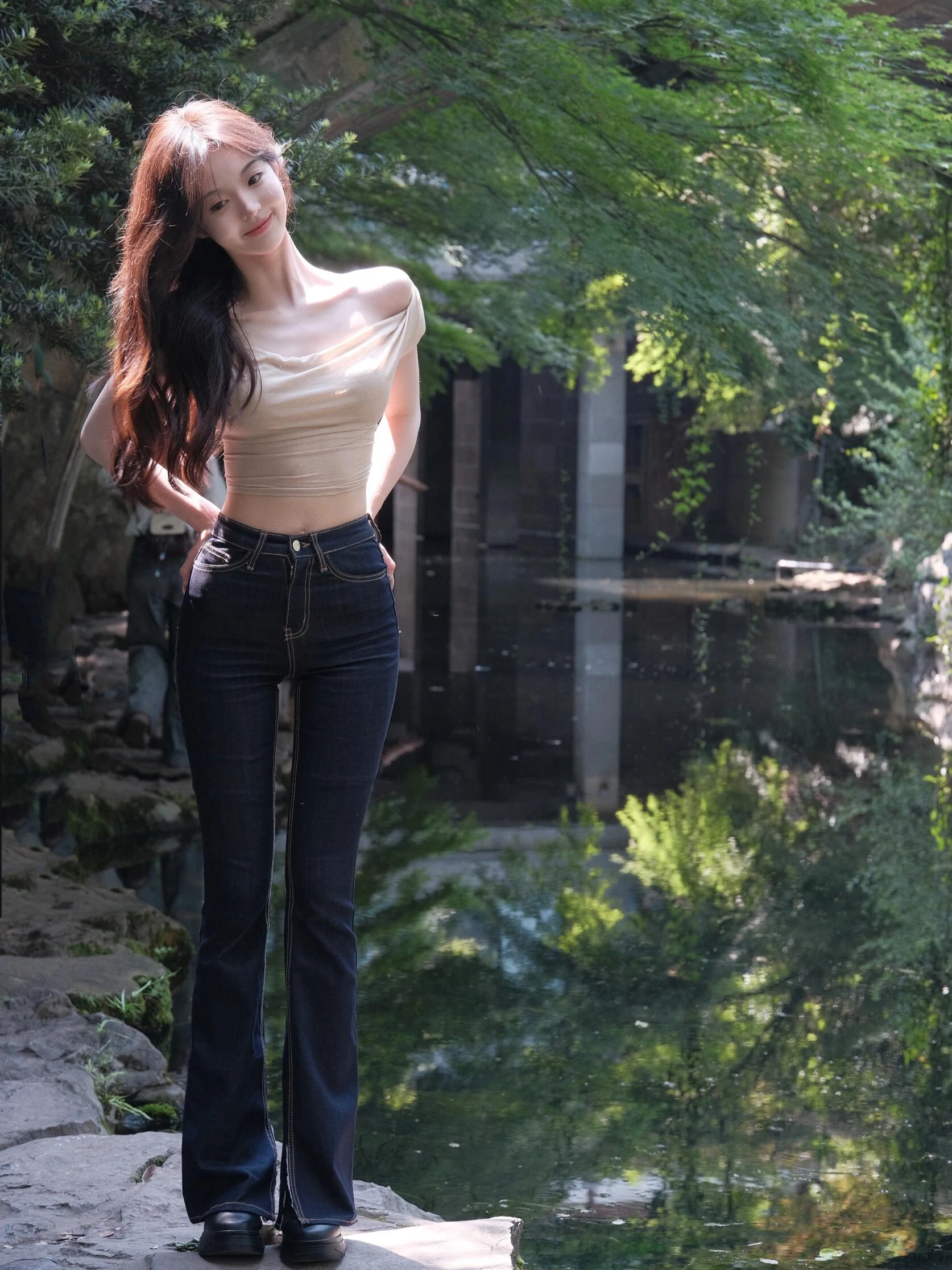 

Retro Deep Blue Denim Flared Pants Slim Fit Natural Waist Cotton Stretch Denim Jeans Blogger MonkGS Wide Leg Trousers