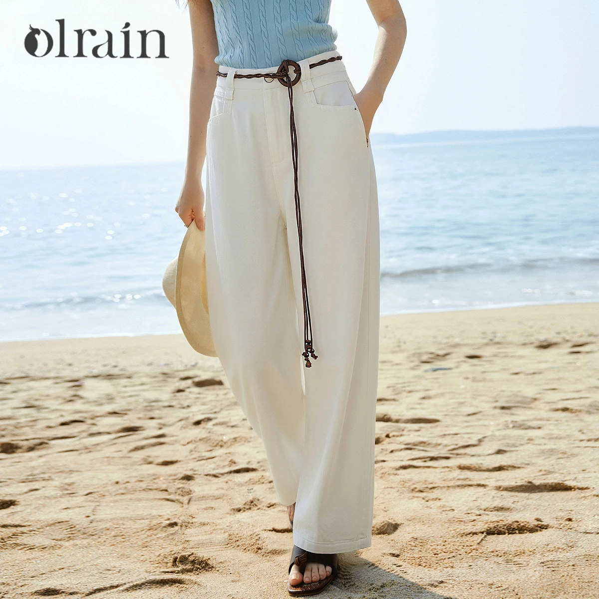 OLrain White 100% Cotton Straight Jeans Women's Summer 2026 Retro Casual Simple Banana Pants Commuter Denim Trousers O58XA006385