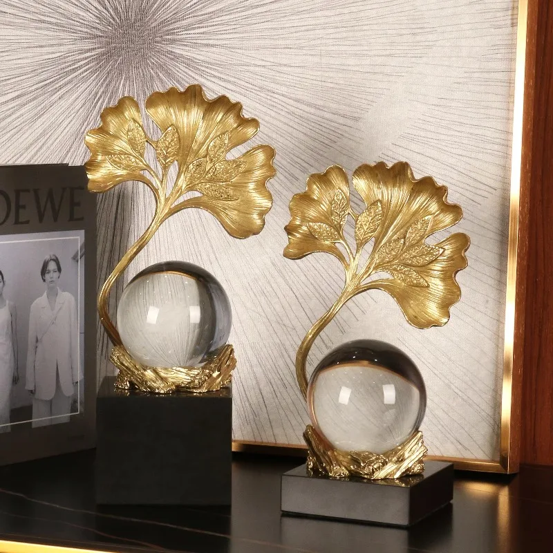 Curved Leaf Frame Sphere Ornament Transparent Smooth Round Core Solid Dark Block Base Living Room Console Table Decor Craft