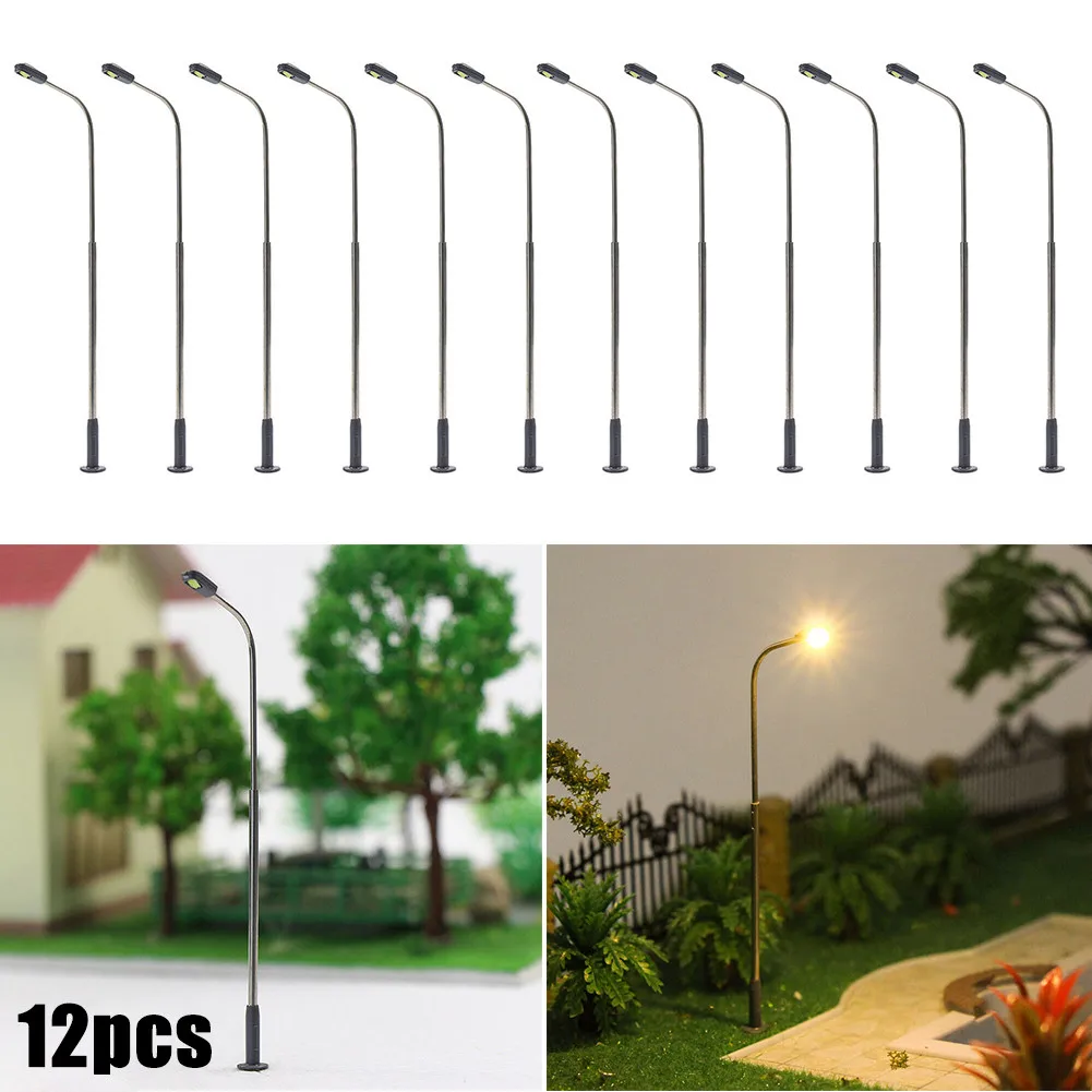 12pcs 1: 75 Scale Miniature Street Light Model 3V 20mA Warm White LED Street Lamp Lighting Single Head Train Layout Landscape