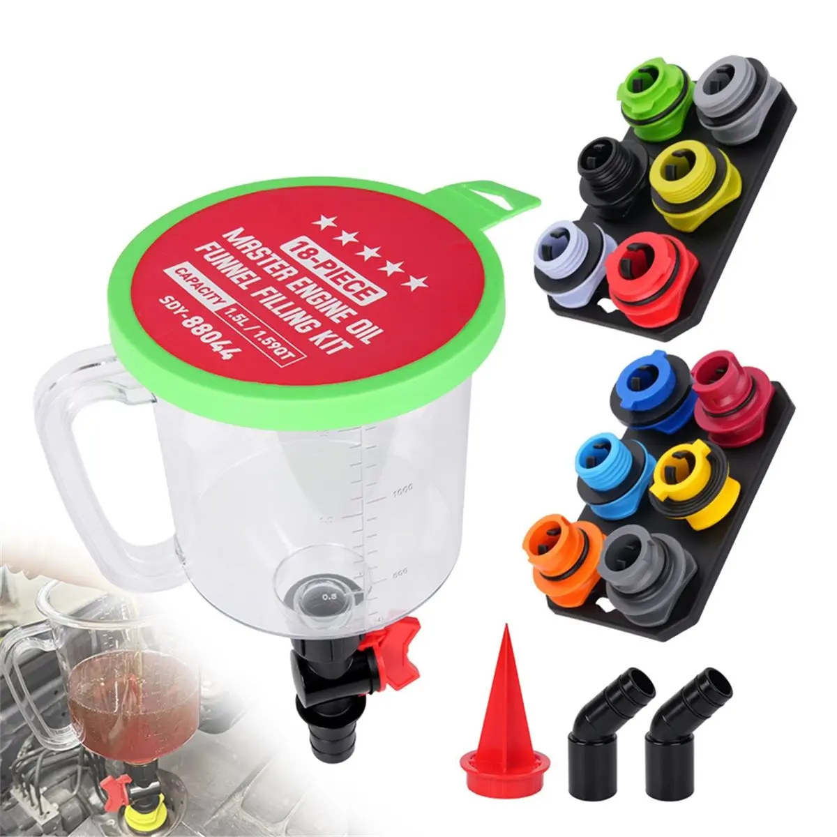 Engine Oil Filling Funnel Kit (with Control Valve) - Includes Adapters of Various Sizes and A Mounting Bracket.