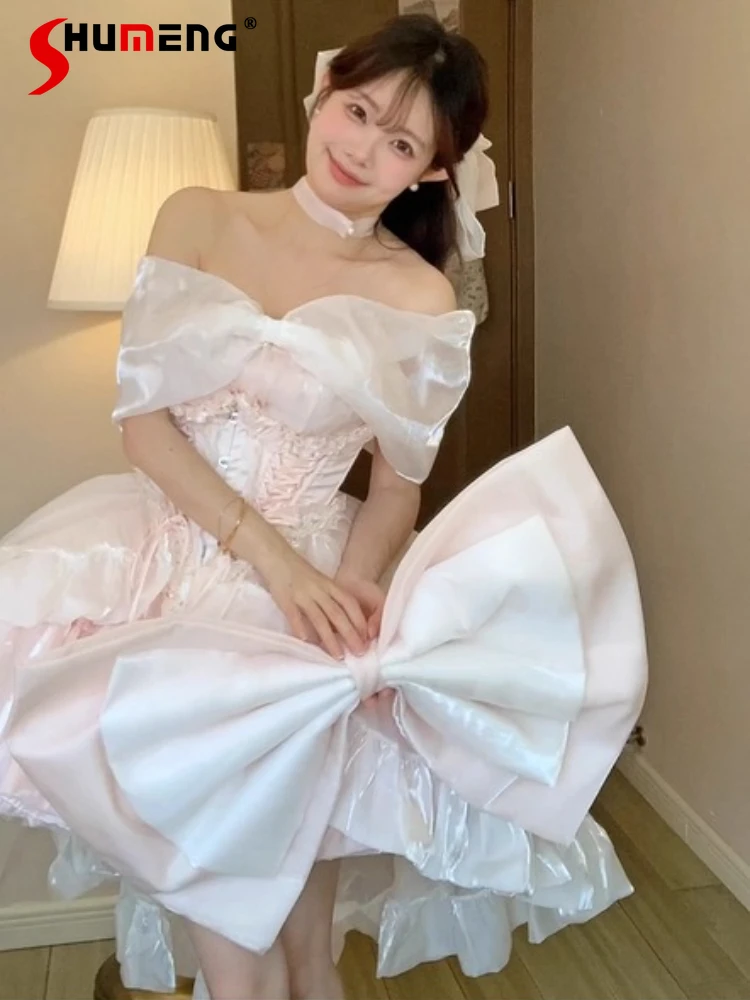 

Elegant Sweet Pink Princess Evening Party Dress Off Shoulder Back Big Bow Trailing High Waist Slim Fit Lolita Short Dress Women