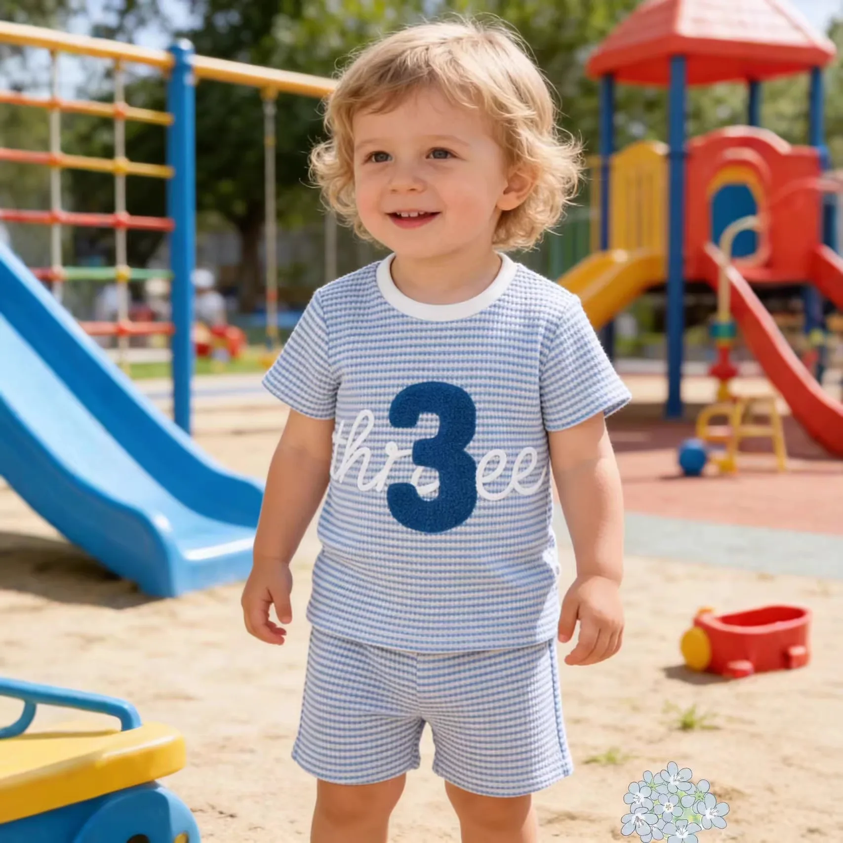 Summer neutral infant and toddler new striped digital three embroidered T-shirt + shorts two-piece set