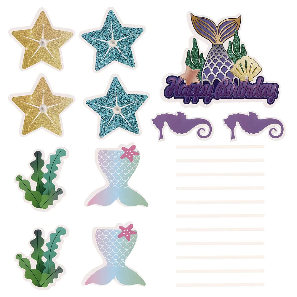 Mermaid Birthday Cake Topper Set 33pcs Food-Safe Paper Dessert Decorations for Party Cake Decoration
