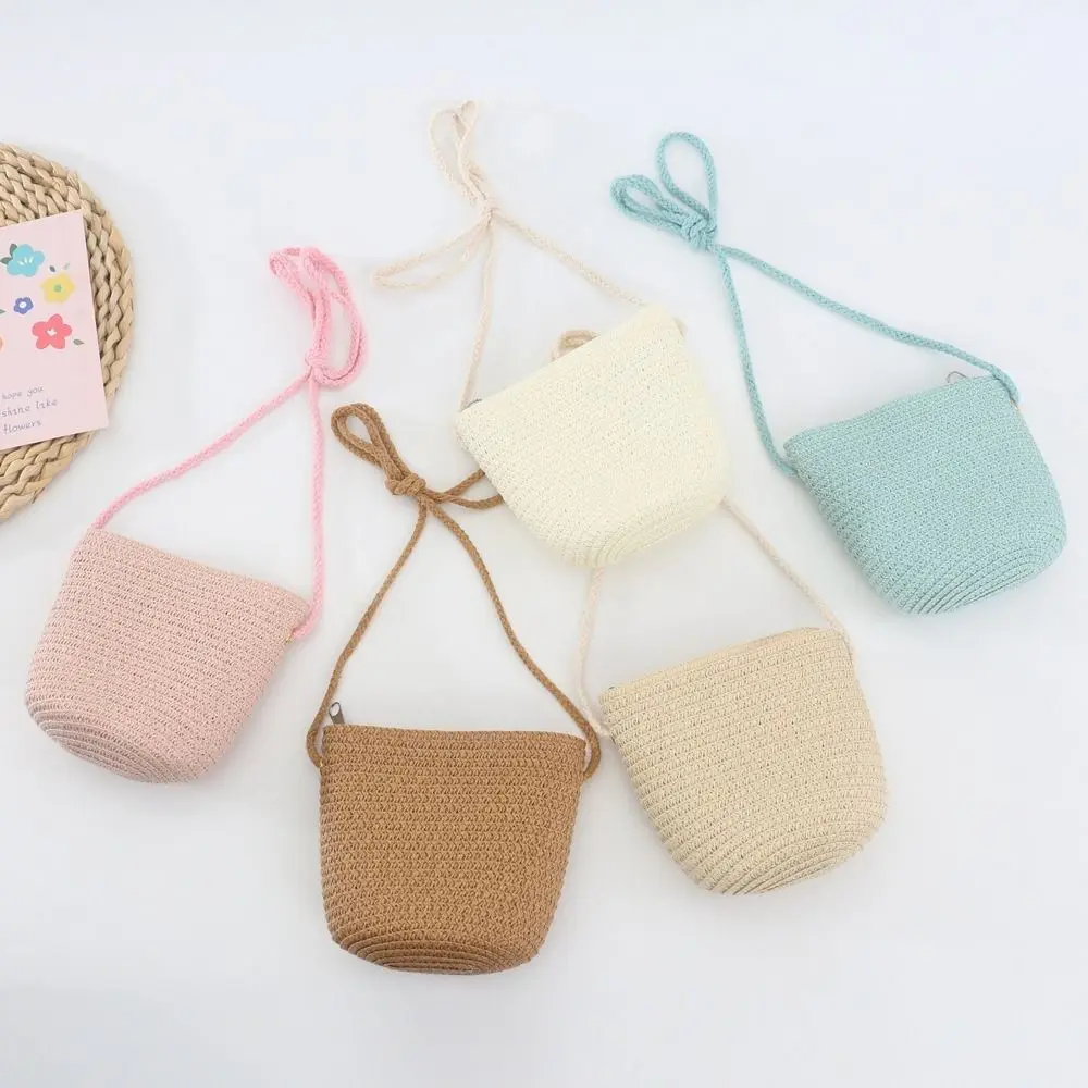 Straw Summer Pure Color Children Girls Shoulder Bag Coin Purse Crossbody Bags