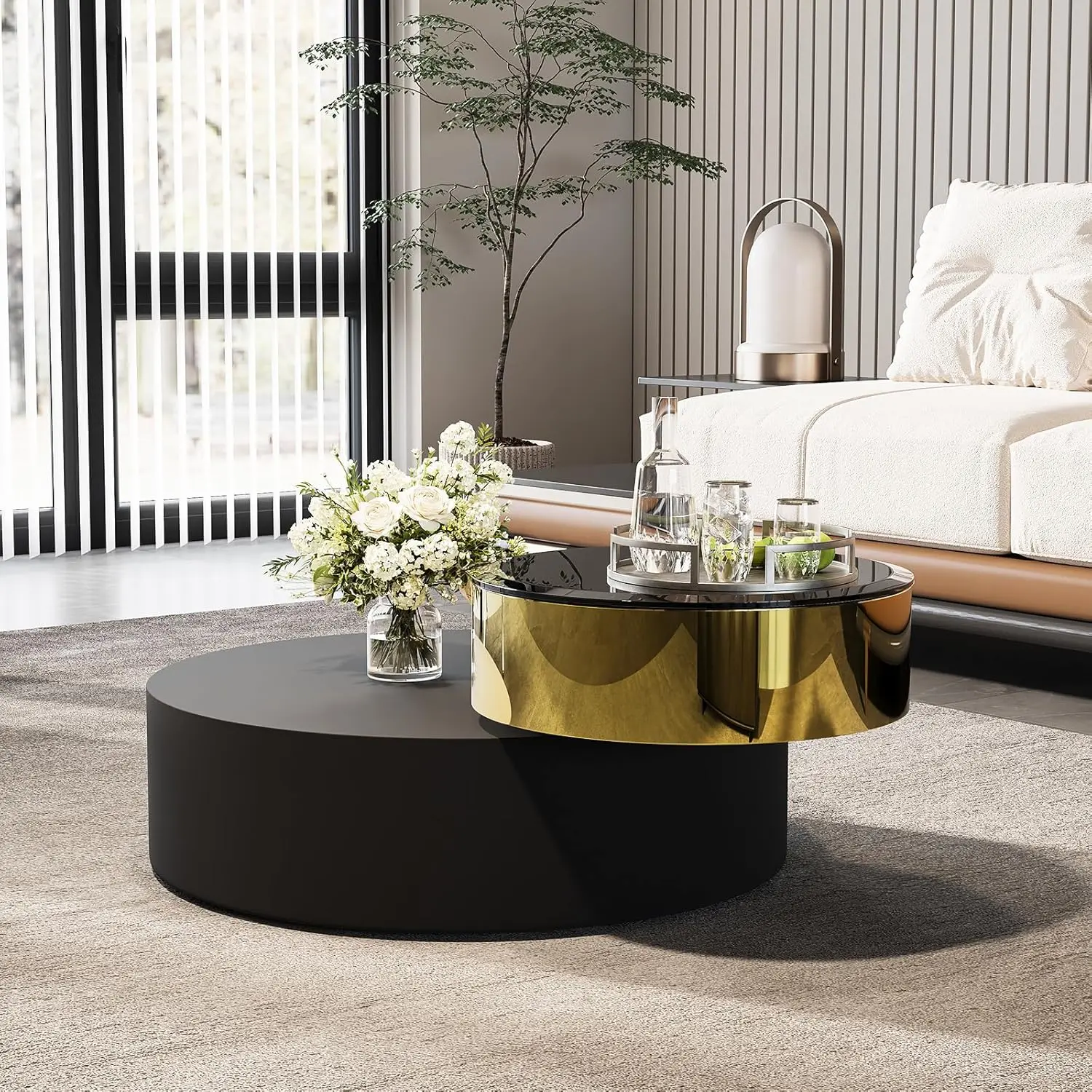

Black Round Rotatable Gold Top Coffee Table, 2 Tier Circle Coffee Table with 360° Swivel Top, 31.5 in Modern Luxury Center Table