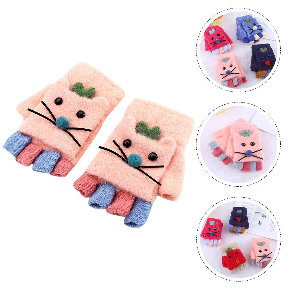 

1 Pair Cover Cartoon Knitted Gloves Lined Warm Kids Winter Half Finger Mitts Warm Knitted Glasses For Christmas Gift