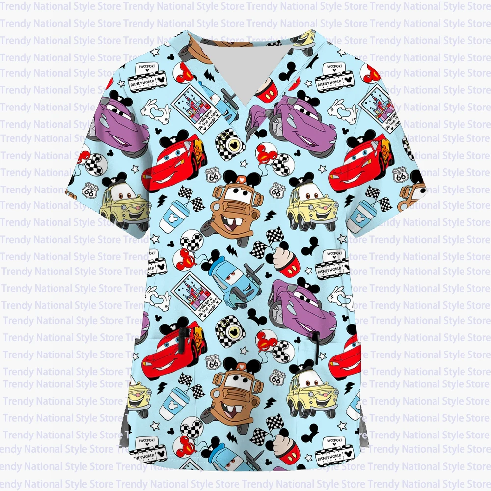 2025 New McQueen Car Cat Women's Uniform T-shirt V-Neck Print Scrub Top Work Uniform T-shirt Dental Beauty Salon Medical Top