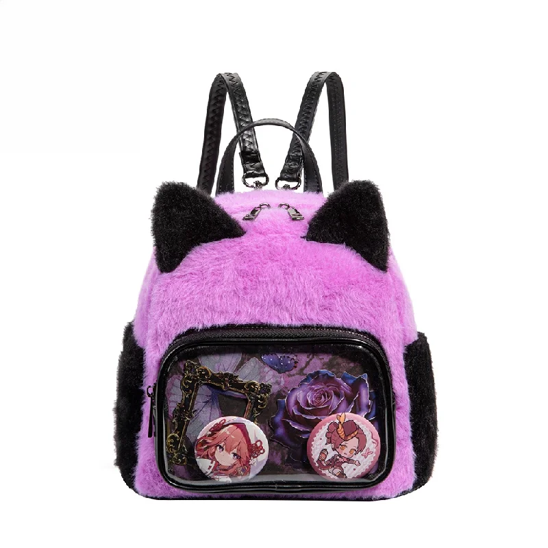 Kawaii Cat Ear Faux Fur Clear Backpack with Badge Display - Cute Plush Pain Bag, Anime Cosplay Shoulder Bag, Harajuku Style