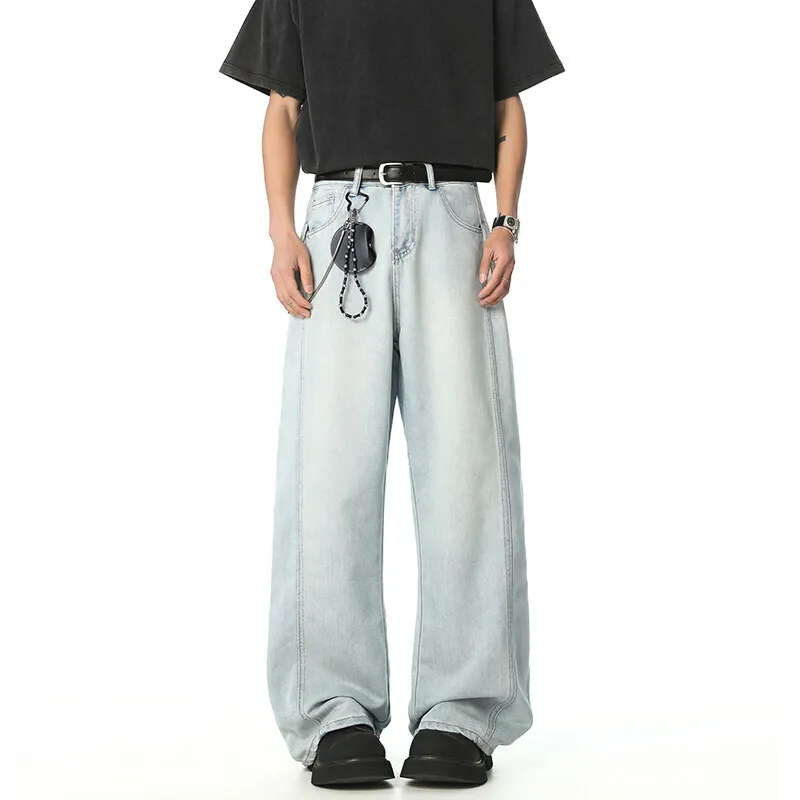 WTHT العصرية الرجال بلون المرقعة فضفاض الدنيم السراويل خمر موضة الصيف عادية عالية الخصر مستقيم الجينز الذكور 2A0321
