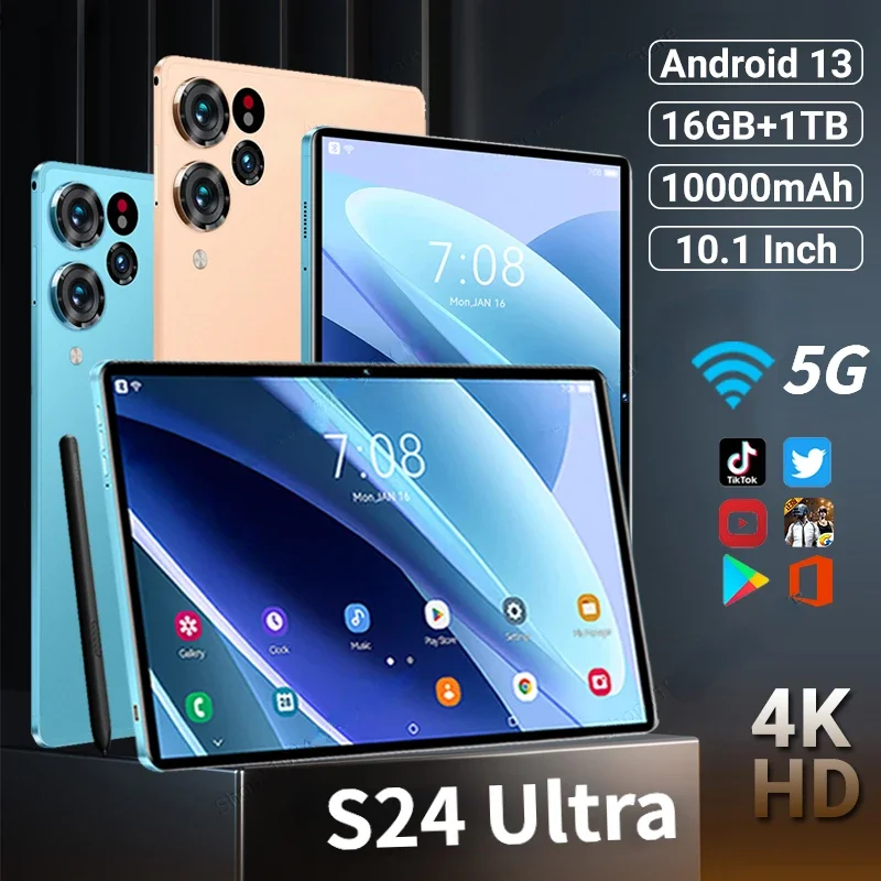 

New Brand S24Ultra Tablet PC Global Version Android13 10.1 Inch 16GB+1TB 10000mAh 5G Dual SIM WiFi Phone Call 4K HD