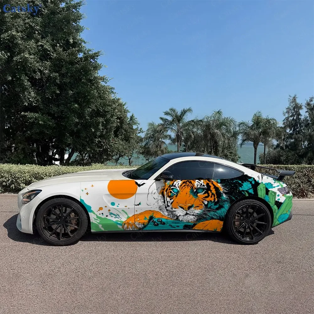 2pcs Prism Crystal Tiger Hunt, Durable, Fade-resistant, Enhance Vehicle Aesthetics With Bold Artistic Design Car Vinyl Wrap