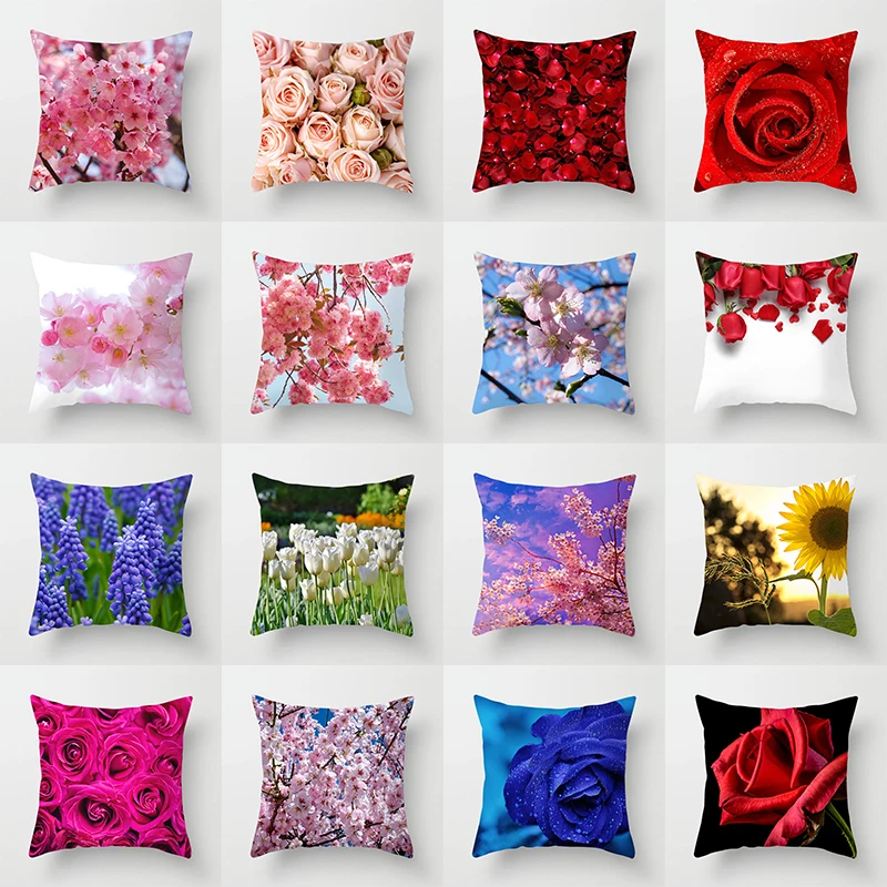 Cherry Blossom Rose Flower Throw Pillow Cover Sofa Decoration Bedside   Car Seat Cushion  Room Home