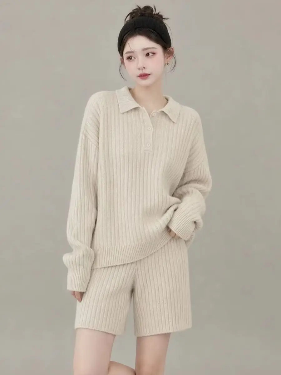 Fall Winter Knitted Women's Tracksuit Casual Turn Down Collar Pullover Jumper Sweater and Shorts Two Piece Sets Outfits