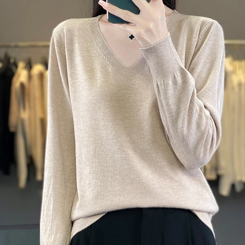 2024 Classic Style Cashmere Pullover Fashion Merino Wool Sweater V-Neck Long Sleeve Knitwear Soft Warm Basic\' Clothing Tops