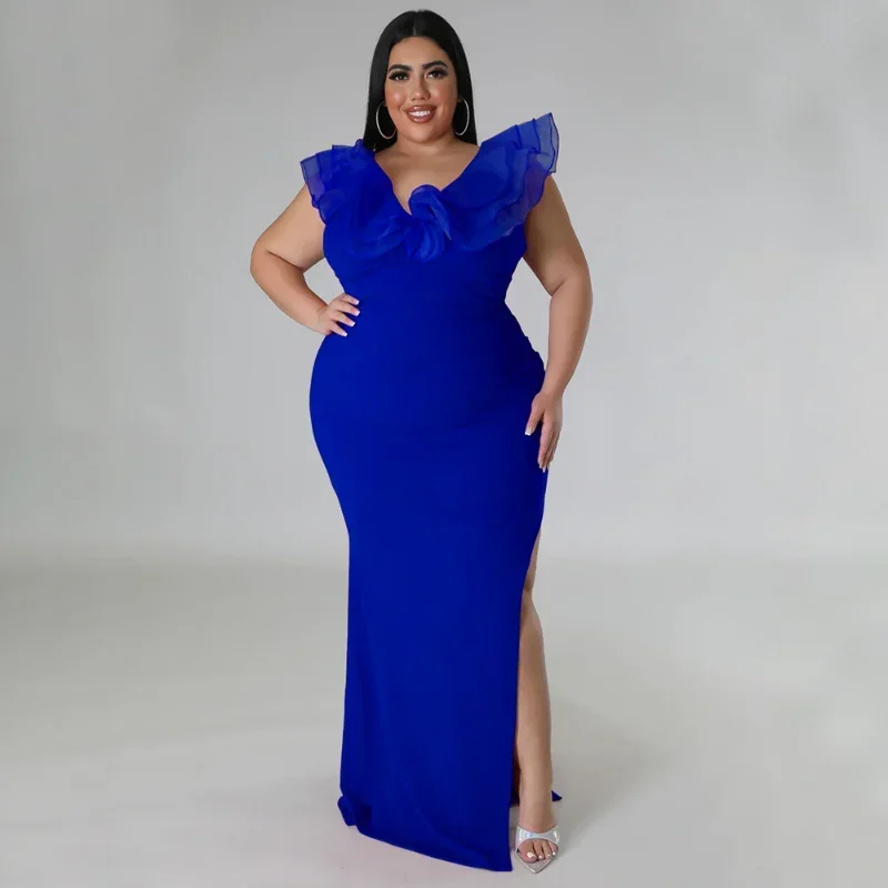 KEXU Plus Size Women Mesh Ruffles V Neck  Bodycon Maxi Dress Sexy Side Split Party Club Evening Long Summer Dresses