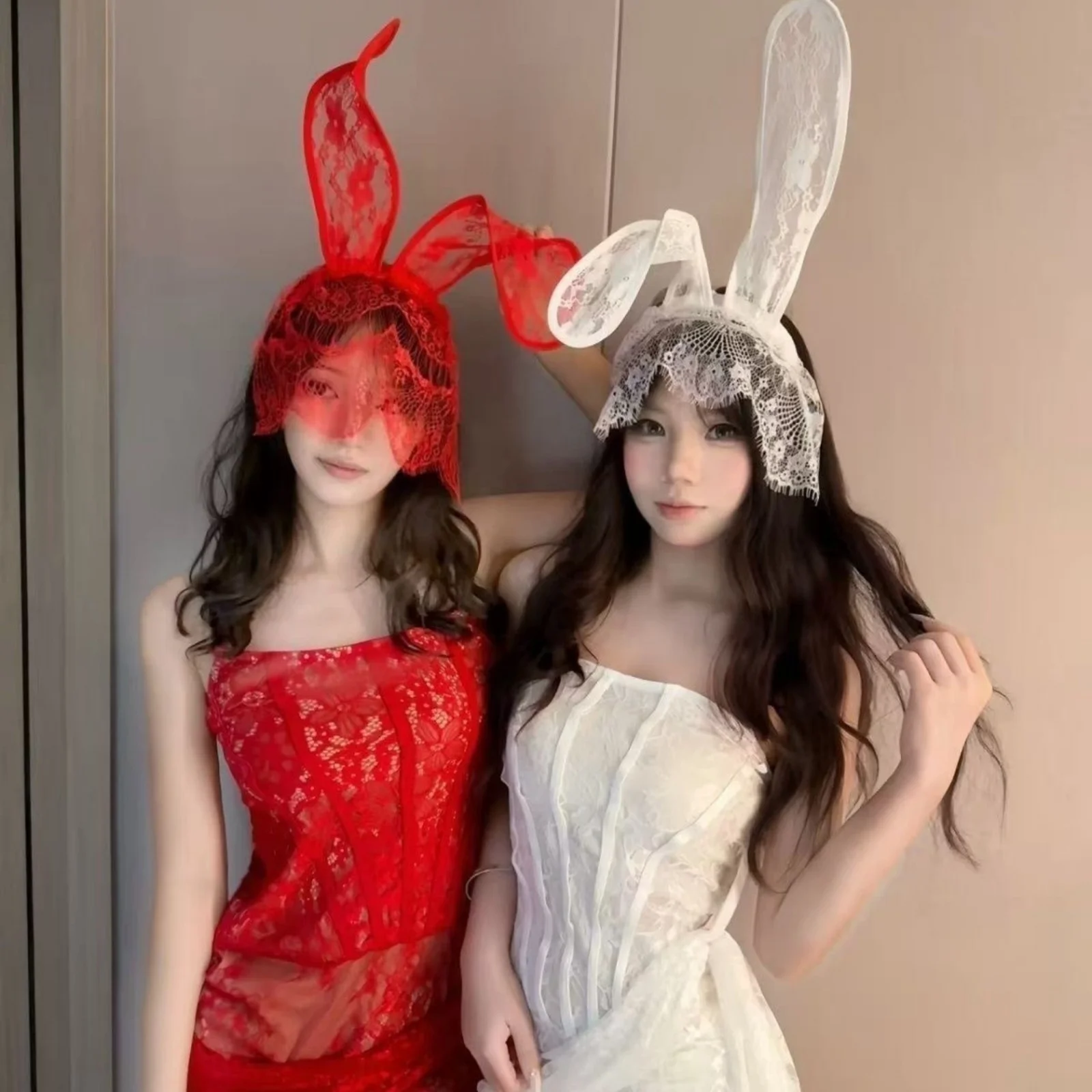 

1PC Sexy Spice Girl Style Red Lace Bunny Ear Headband Hair Clip Accessory, Bunny Girl Mask Headwear Gift for a Girlfriend/Besti