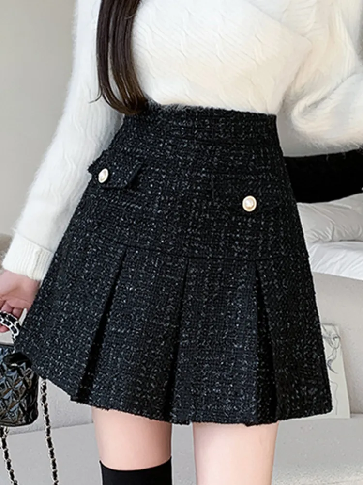 SMTHMA New Autumn Winter Fashion Tweed Short Skirt Women's Versatile A-Line High Waist Woolen Pleated Skirt