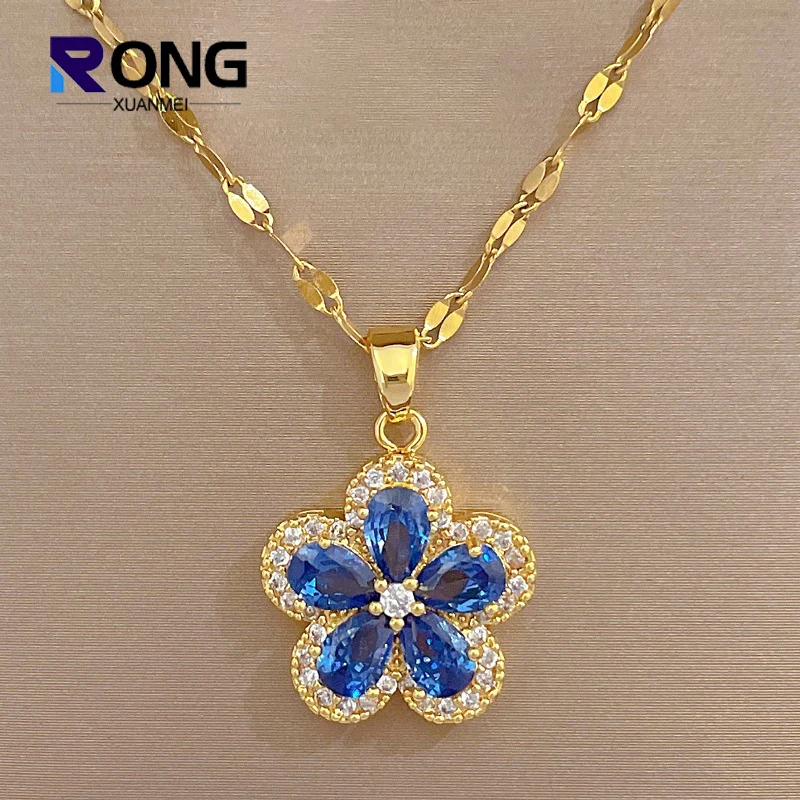 טרנדית מעודנת מיקרו זירקון פרחים חמישה עלה שרשראות עבור נשים זהב יוקרתי מצופה זהב נירוסטה מתנה