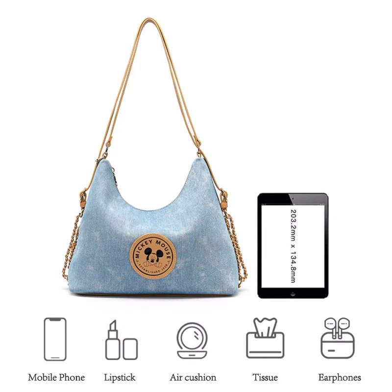 Disney Mickey Shoulder Crossbody Bag For Women Underarm Bag Vintage Denim Commuting Storage Tote Bags