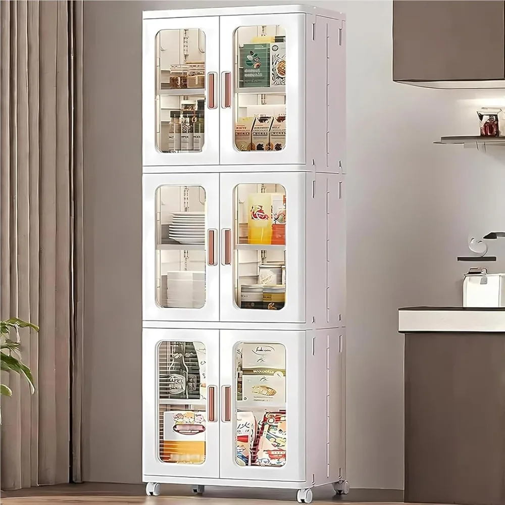

Kitchen Pantry Cabinet with Doors, Storage Bins with Lids Stackable Narrow Storage Cabinet with Wheels, Durable Lightweight Coll