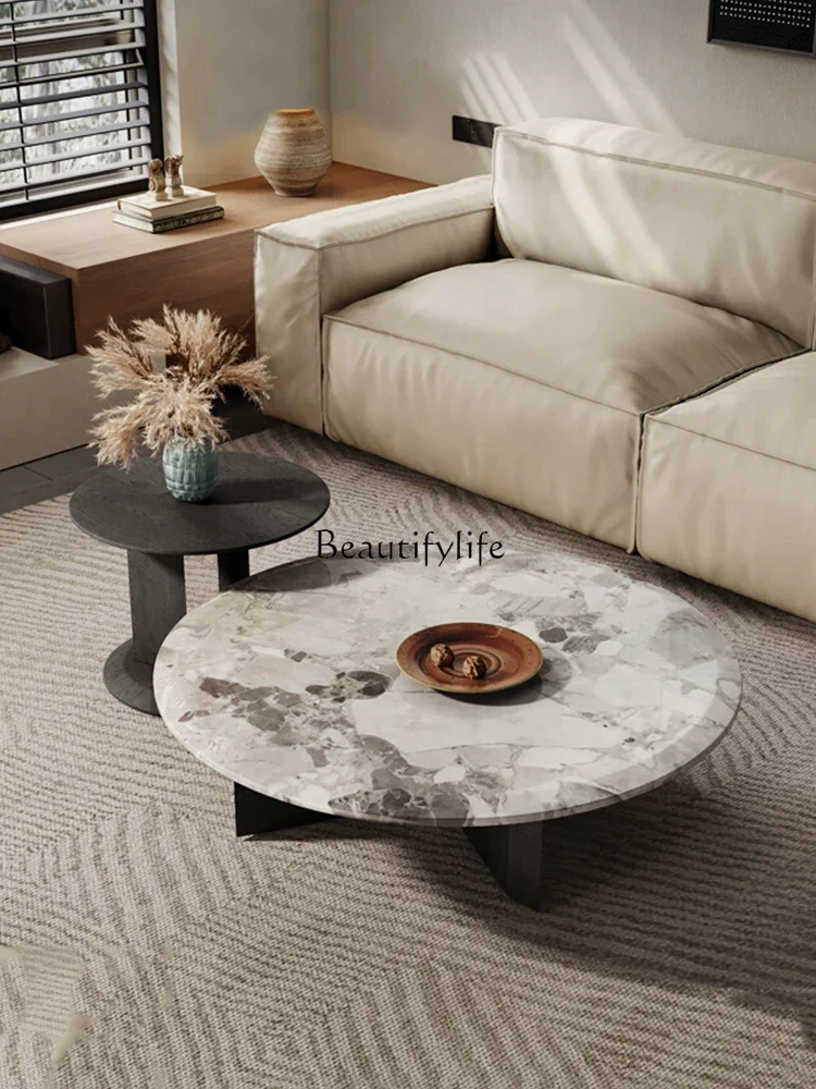 

FG26Italian round marble coffee table combination modern wabi-sabi high-end solid wood tea table