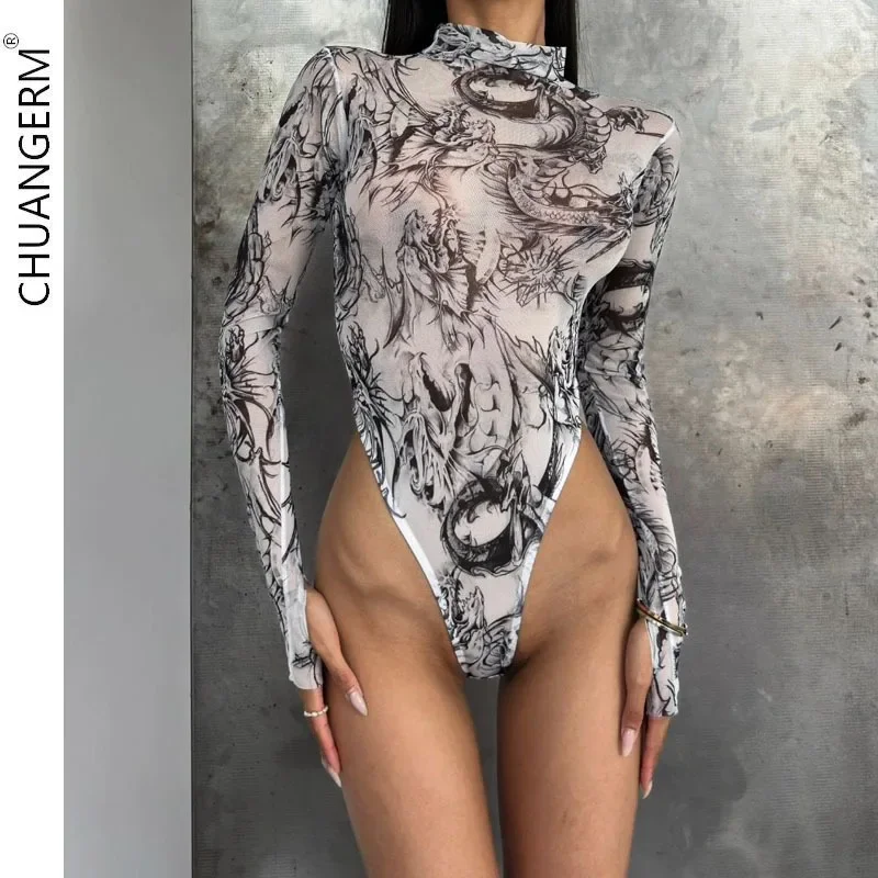 

CHUANGERM Womens Sexy Bodysuit Erotic Lingerie High Neck Long Sleeve Tie-Dye Mesh Side High Split Dress Thong Two Piece Set