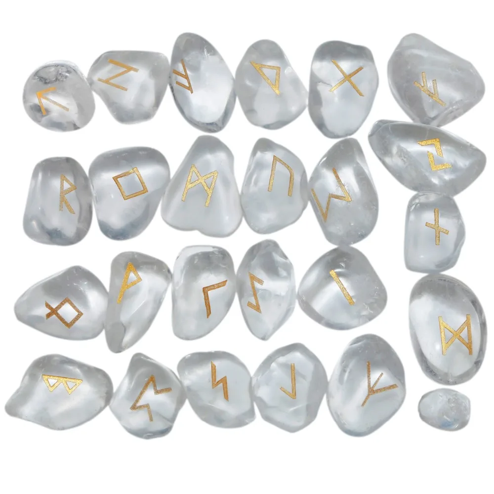 TUMBEELLUWA 1set (25Pcs) Natural Rock Quartz Engraved Rune Stones Healing Reiki Crystal Tumbled Stones Jewelry Fingurines