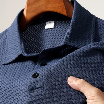 100% 폴리에스터 남성 여름 반팔 패션 라펠 비즈니스 캐주얼 폴로 셔츠, 남성 슬림 순색 골프 폴로 셔츠 탑 