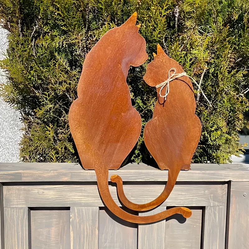 1pc/2pcs Metal Rustic Iron Cat Sculpture Set,Outdoor Garden Decor Animal Yard Art, Fence and Lawn Ornament, Country-Style Statue