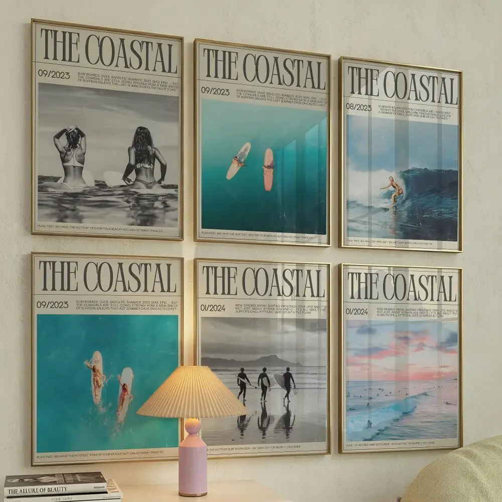 Trendy Sports Surfing Newspaper Surfer Girls Calligraphy Canvas Painting Wall Art for Living Room Bedroom Home Decor Decals