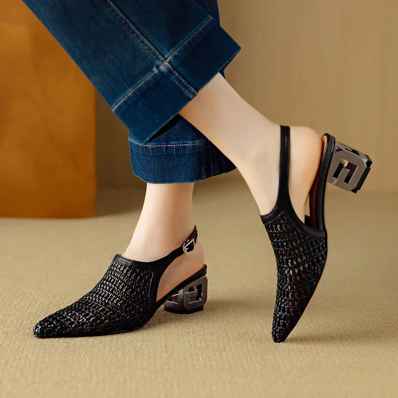 

Новинка 2023 года, летние женские сандалии из натуральной кожи, женская обувь из воловьей кожи 22-25 см + плетения + овчины, пряжка сзади, ремешок сзади, высокий каблук