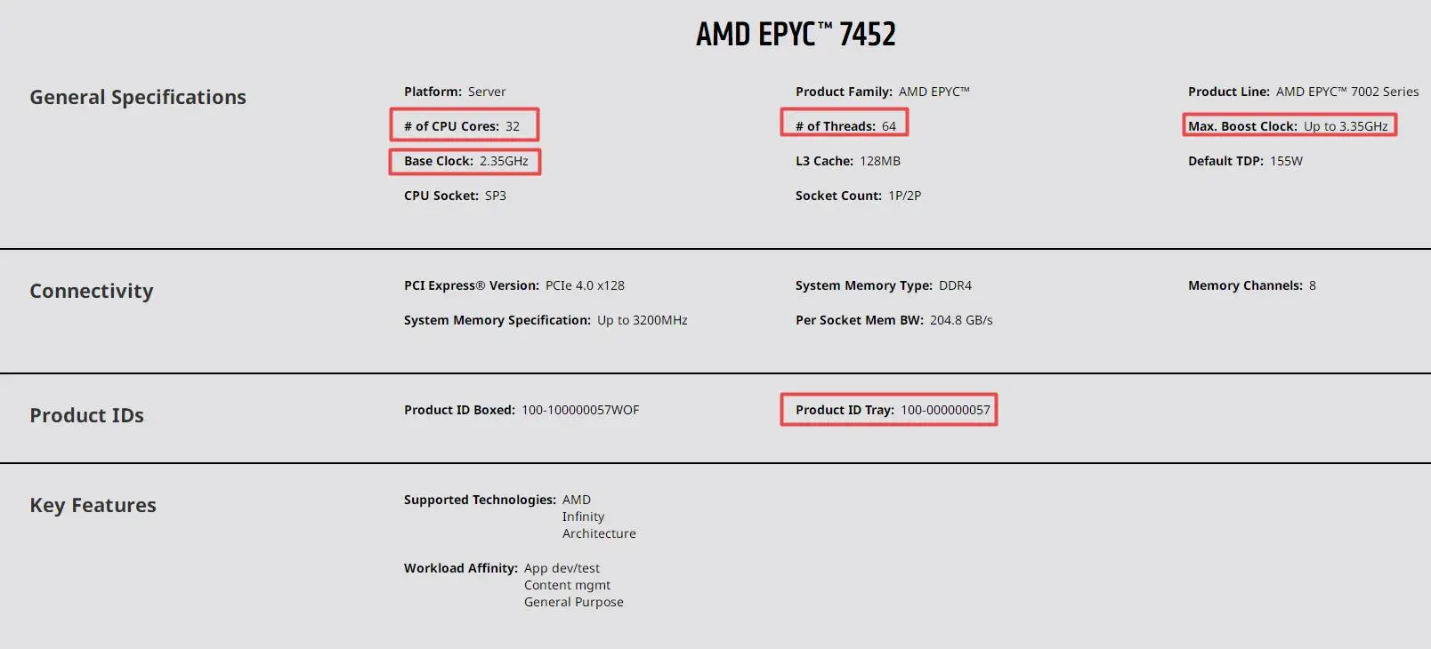 CPU for EPYC 7452  32 Cores 64 Threads Base Clock 2.35GHz  Max.Boost Up to 3.35GHz L3 Cache 128MB  TDP 155W