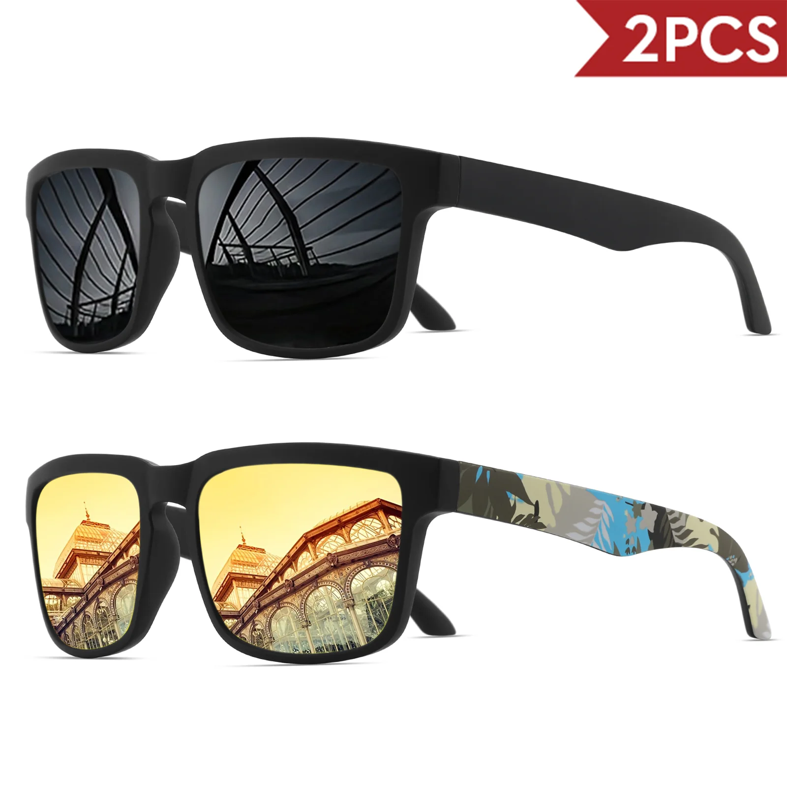 2 quadratische Sport-Sonnenbrille mit Designer-Tempelmuster – UV400 für Männer und Frauen, Strandurlaub