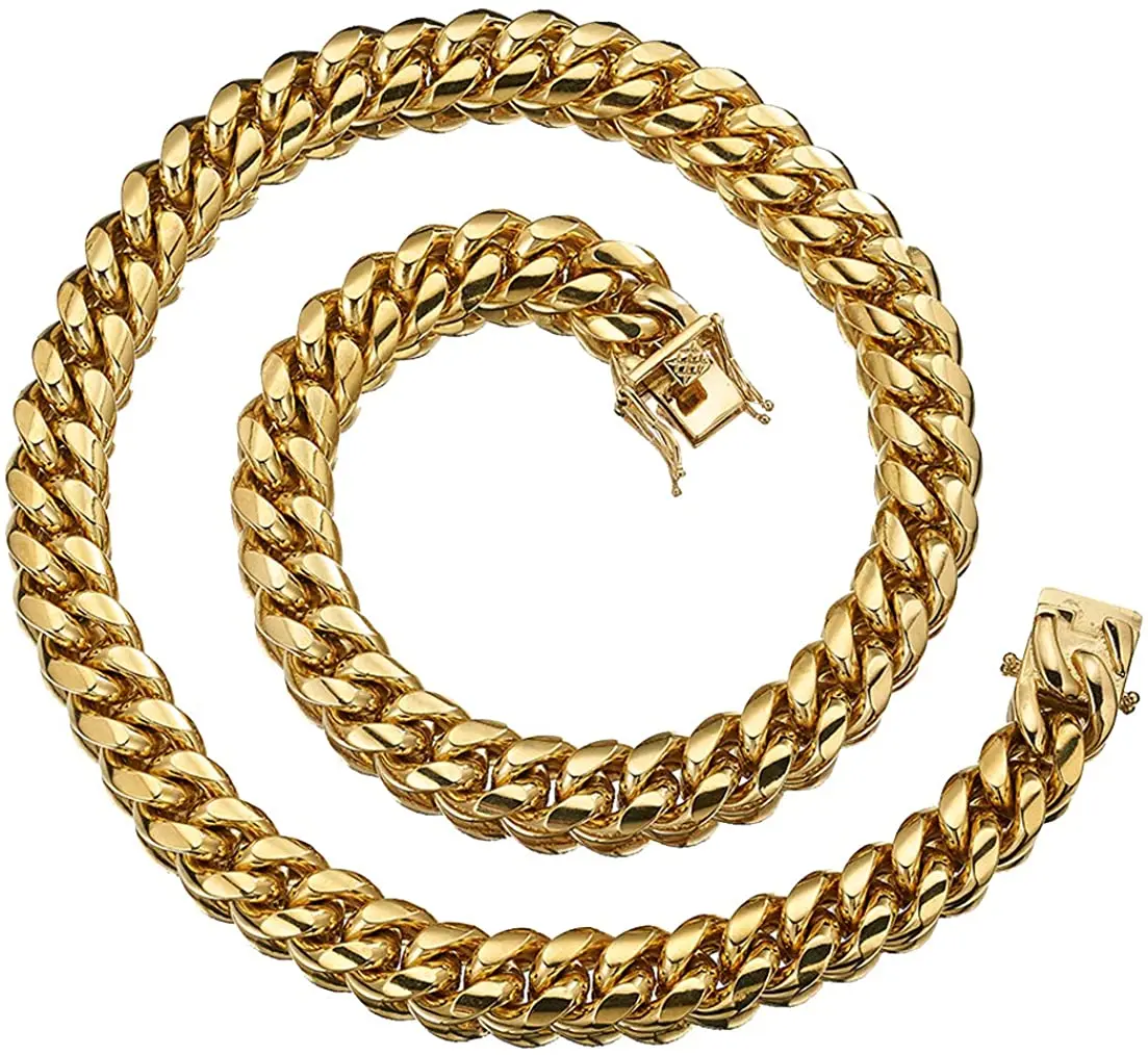 Granny Chic High Polished Gold Color 316L Stainless Steel Curb Cuban Link Chain Necklace or Bracelet Jewelry Gift  for Men Women