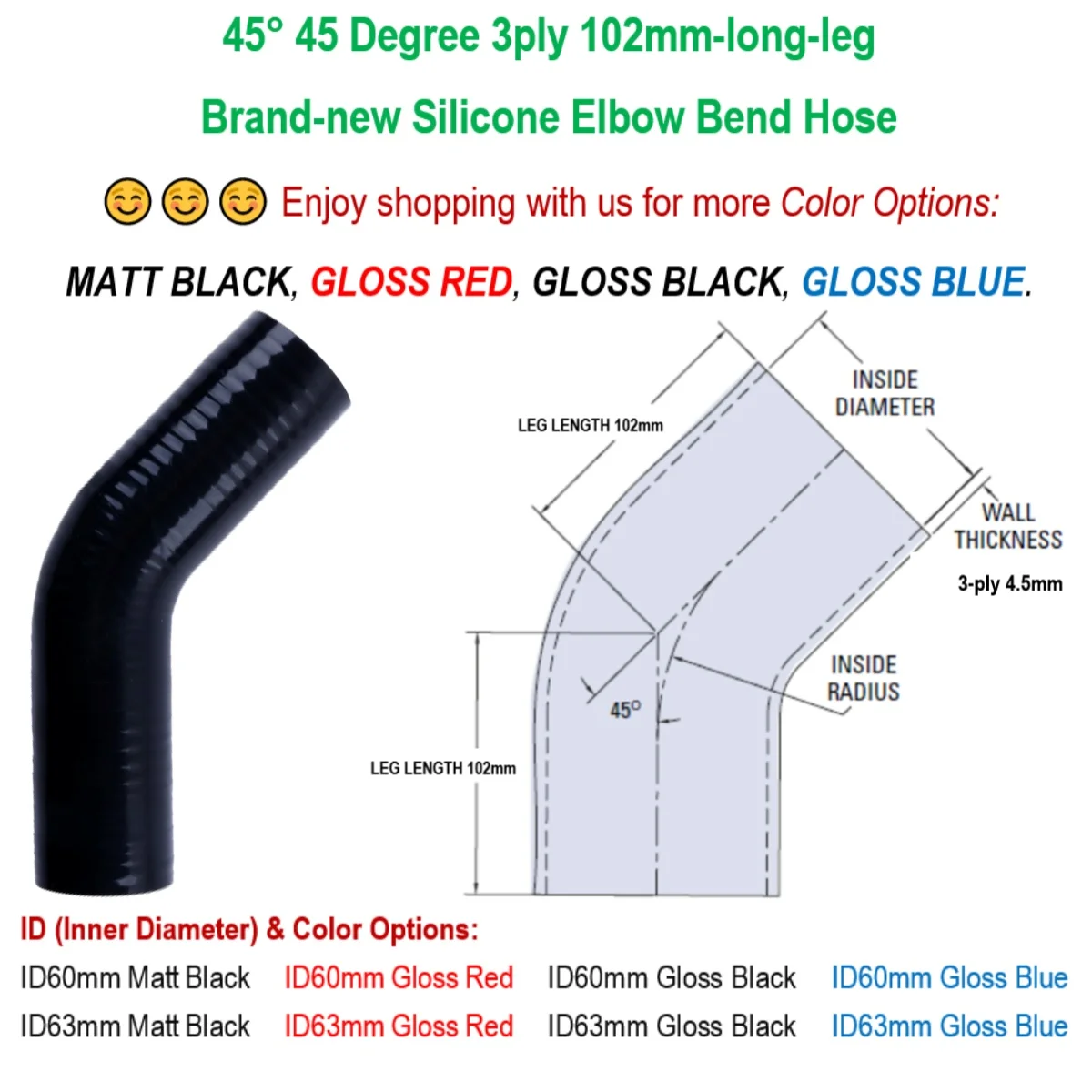 

45° 45 Degree 3ply 102mm-long-leg Silicone Elbow Bend Hose Pipe ID 60mm 63mm Matt Black Gloss Black Gloss Red Gloss Blue