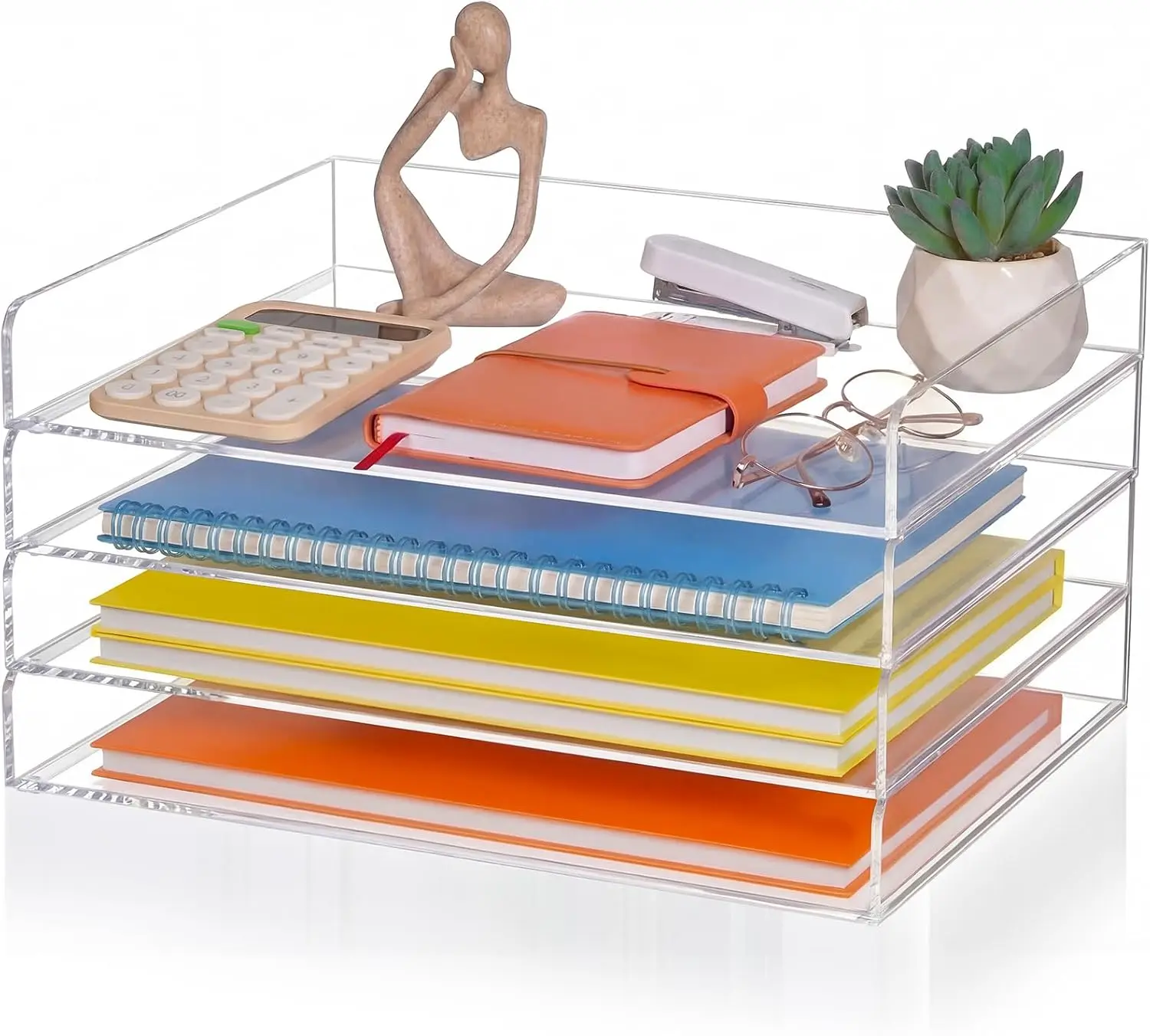 

4-уровневый акриловый лоток для бумаг, штабелируемый органайзер для файлов формата A4/Letter, прозрачное настольное хранилище, сборка не требуется