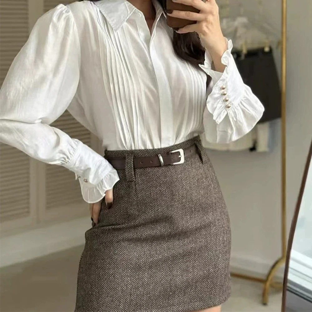 Franse stijl elegante effen kleur tops herfst 2025, nieuwe high-end revers geplooide collage manchetknopen shirt-GZXX 957