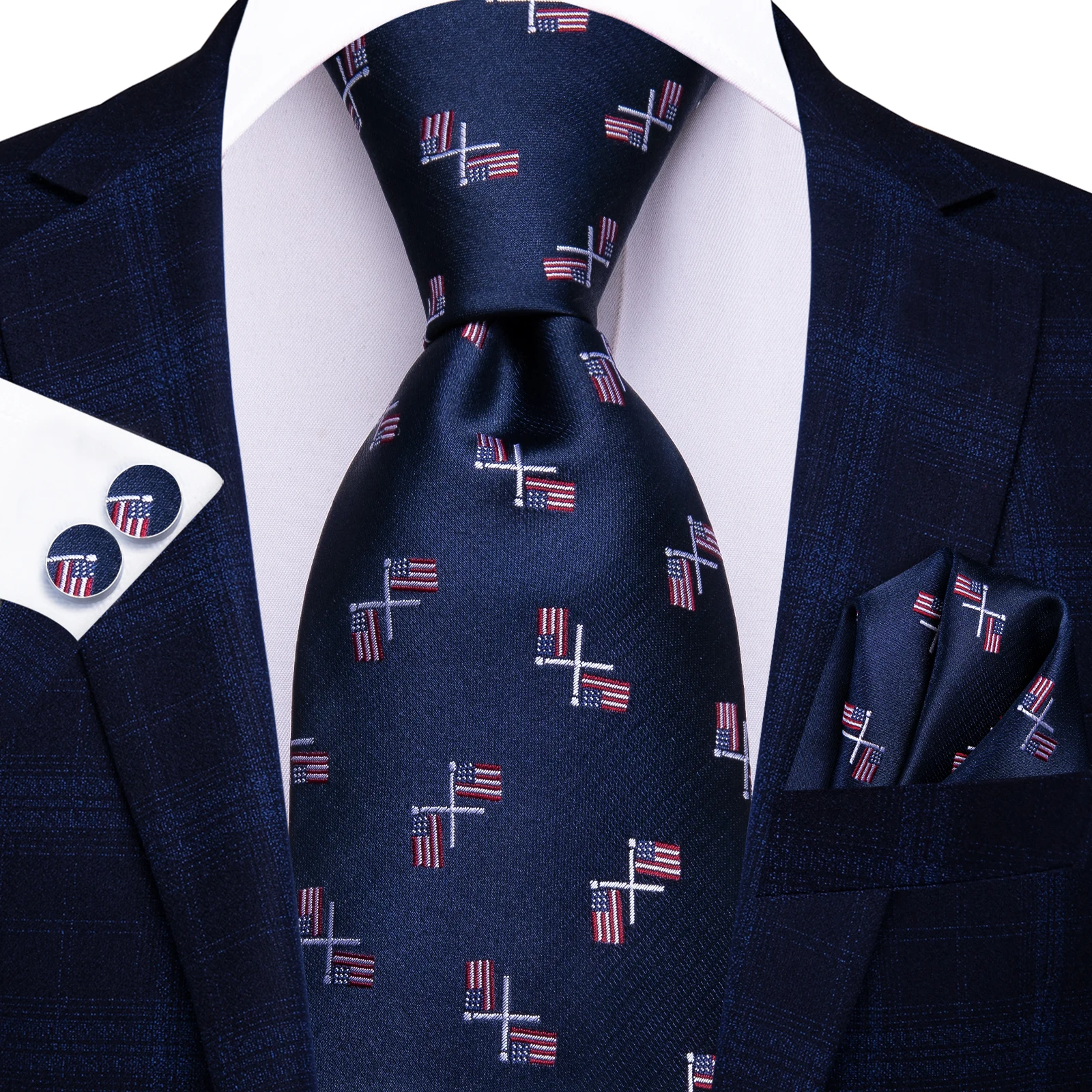 Hi-Tie Navy Blue Fashion Mens Elegant Tie Handkerchief Cufflinks Wedding Party Accessorie Gift for Men Gravats Novelty Designer