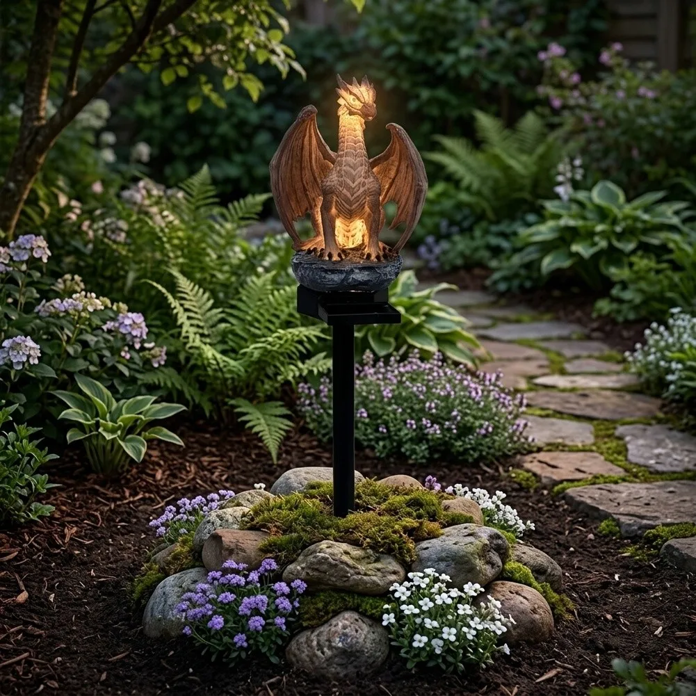 Dragon Garden Ornament Solar Powered Resin Statue 41cm Height for Outdoor Decorative Use in All Weather Conditions