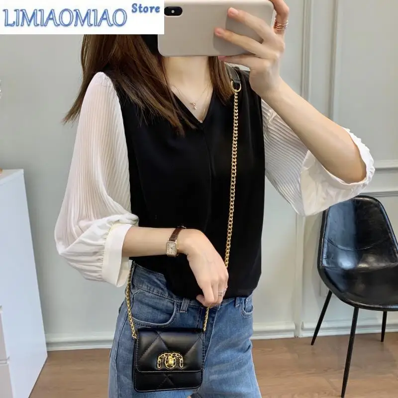 

Модная осенняя свободная блузка с цветными блоками, высококачественная лоскутная рубашка с рукавами 3/4, универсальный темпераментный шифоновый пуловер, рубашка