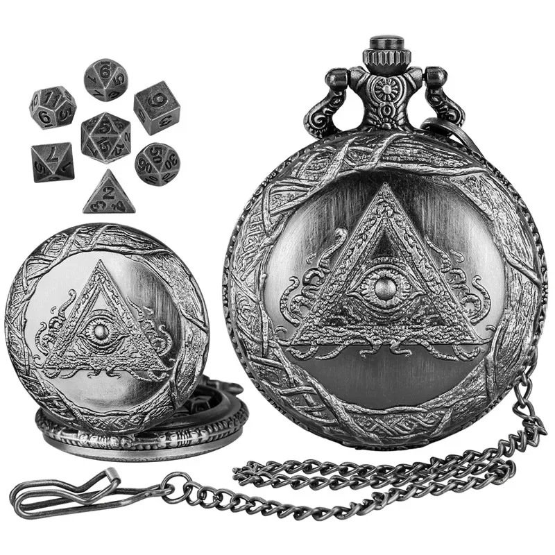 

Creative 7 x Mini Size Metal Polyhedral Dice for Table Board Role Play Game with Triangular Eye Pocket Watch Case Pendant Chain