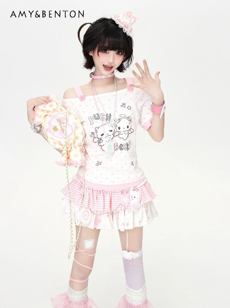 

Kawaii Cartoon Print One-word Shoulder Polka Dot Print Short-sleeved Top Japanese Sweet Cute Splicing Color Graphic T-shirt