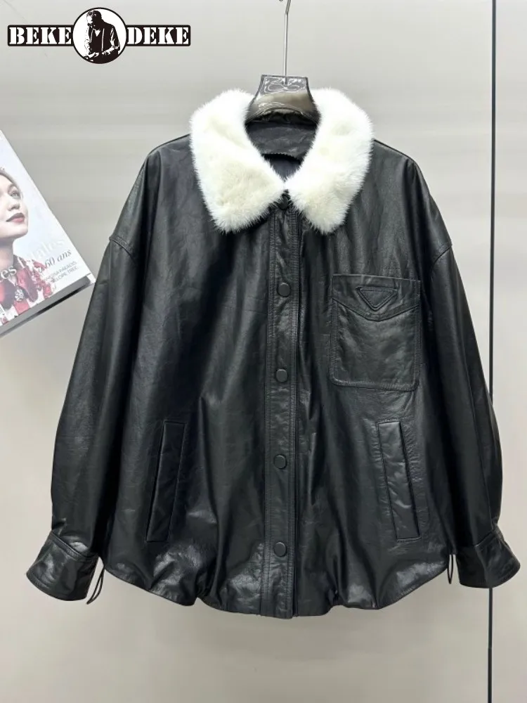 Women Winter Genuine Leather Down Coat Loose Fit Casual Medium Long Outwear Single Breasted Oil Wax Cowhide Warm Fashion Jacket
