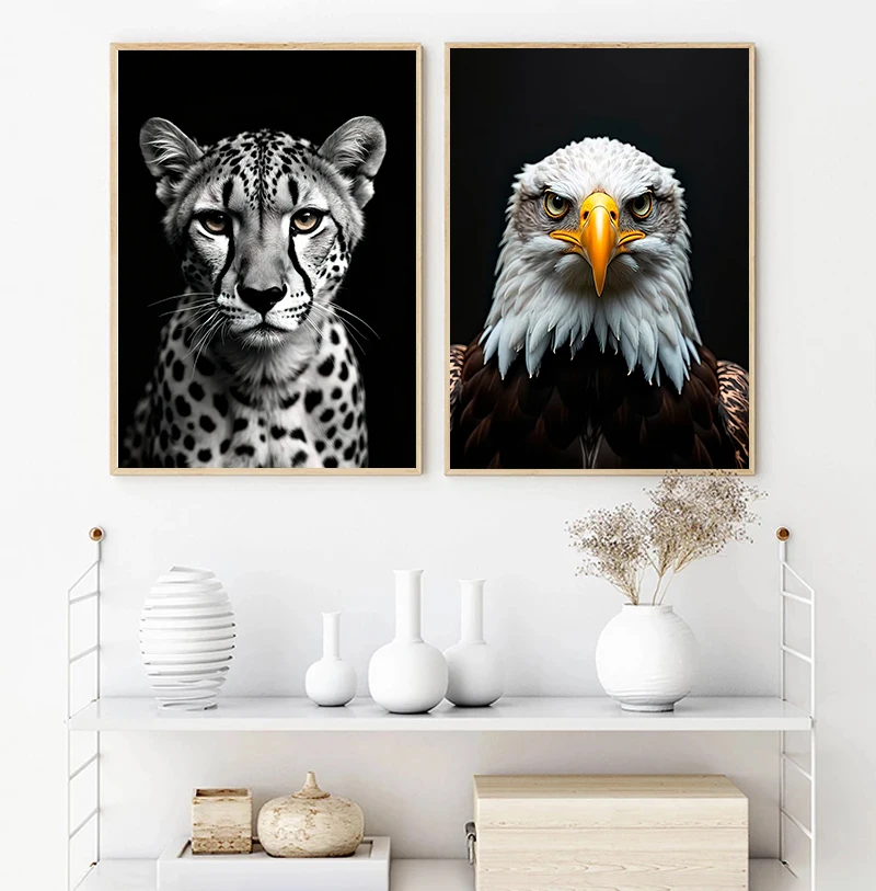 Lion Cub Koala Fox Rabbit Wolf Owl Panda Meerkat Cat Portrait Poster  Canvas Painting Print Black and White Room Home Decoration