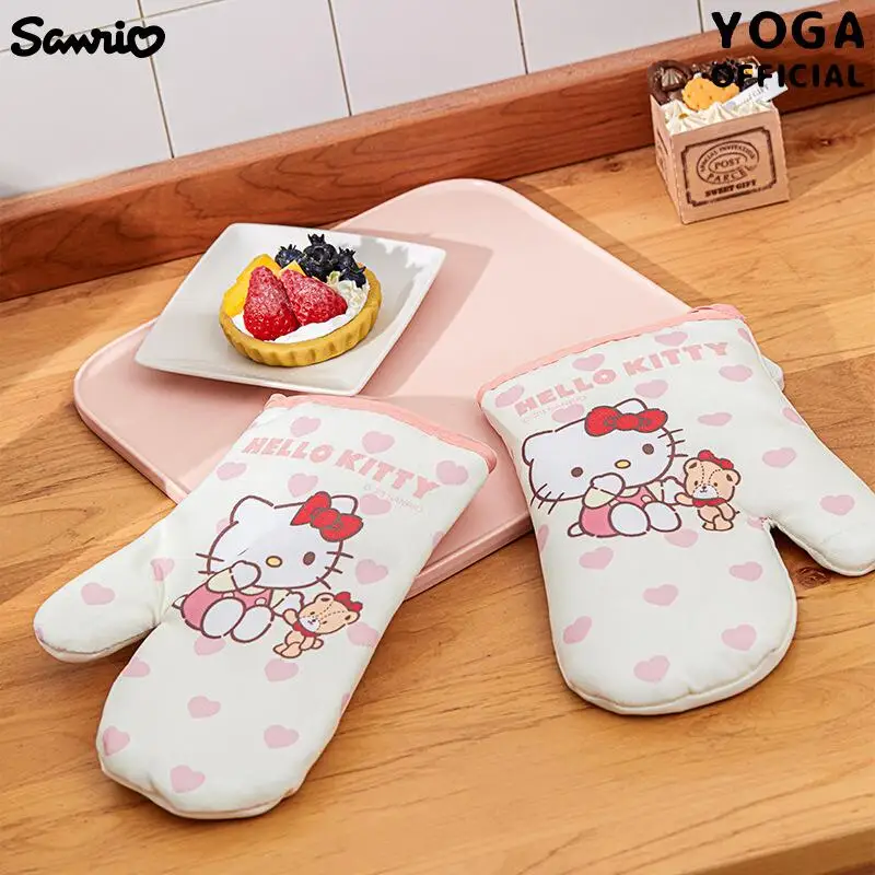 

Hot Sanrio Hello Kitty Heat-Resistant Gloves Kawaii Anime Fashion Baking Oven Thermal Insulation High Temperature Resistance New