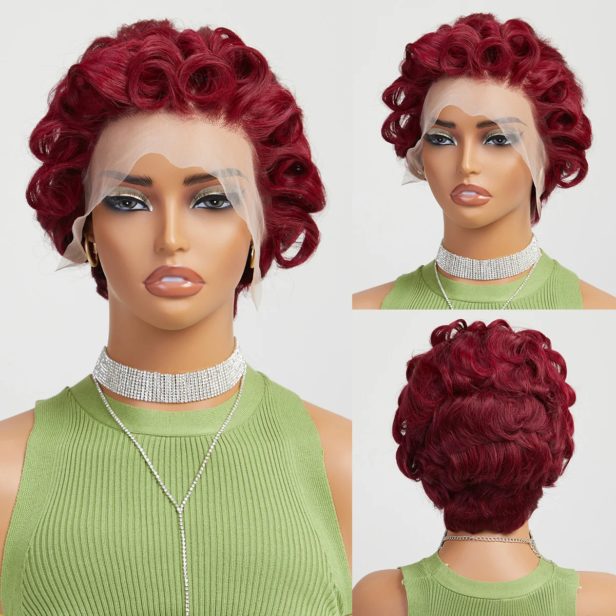 

Burgundy Red Short Curly Pixie Wig 13x4 Lace Front Remy Human Hair Glueless Bob Wig For Black Women